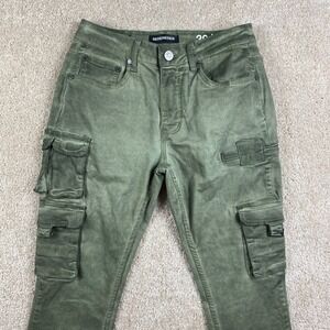 Serenede‎ Mens Stacked Denim waxed Cargo Pants Olive Green Slim Fit Size 30